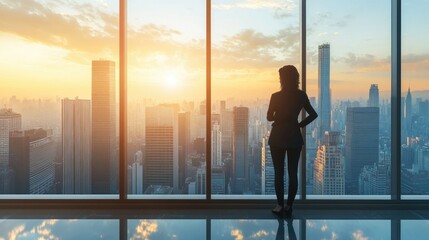 Businesswoman Contemplating Urban Sunset View