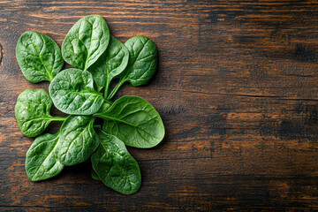 Poster - A bunch of green spinach leaves on a wooden table