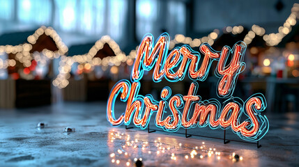 Poster - Merry Christmas sign glowing in festive lights, surrounded by cozy holiday market atmosphere. warm ambiance evokes joy and celebration during holiday season