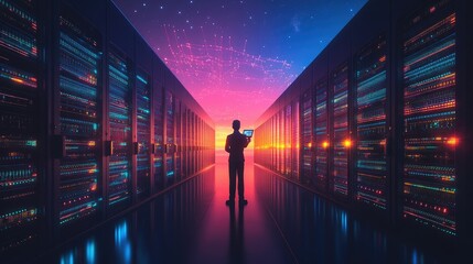 Fototapete - Sleek Server Room with Futuristic Design and Vivid Lighting
