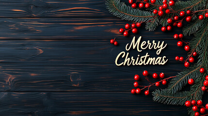 Poster - Merry Christmas written in elegant script surrounded by festive red berries and evergreen branches on dark wooden background creates warm holiday atmosphere