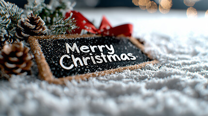 Poster - Merry Christmas written on rustic chalkboard surrounded by snow and pinecones creates festive atmosphere. This charming scene captures essence of holiday season beautifully