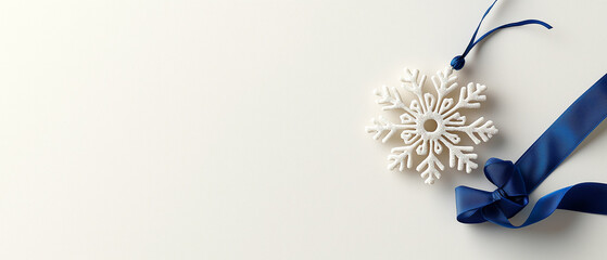 Poster - beautiful white snowflake ornament with blue ribbon, perfect for holiday decorations. This elegant piece adds festive touch to any setting, evoking spirit of winter
