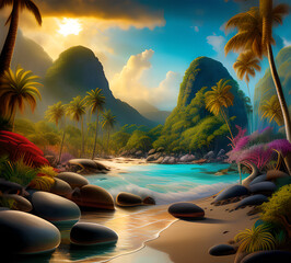 Wall Mural - Beautiful exotic beach in bright colors abstract wavy background made with paints.generative ai