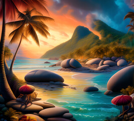 Wall Mural - Beautiful exotic beach in bright colors abstract wavy background made with paints.generative ai