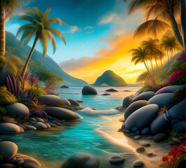 Wall Mural - Beautiful exotic beach in bright colors abstract wavy background made with paints.generative ai