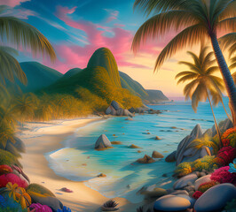 Wall Mural - Beautiful exotic beach in bright colors abstract wavy background made with paints.generative ai