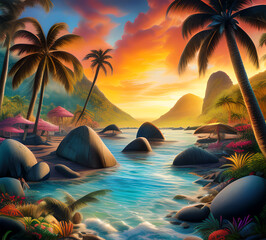 Wall Mural - Beautiful exotic beach in bright colors abstract wavy background made with paints.generative ai