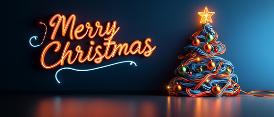 Poster - vibrant and festive scene featuring neon Merry Christmas sign alongside creatively designed Christmas tree made of colorful wires and ornaments, radiating holiday cheer