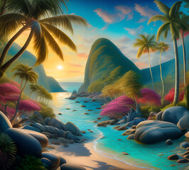 Wall Mural - Beautiful exotic beach in bright colors abstract wavy background made with paints.generative ai