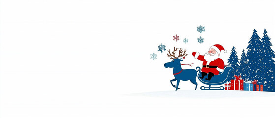 Wall Mural - Santa Claus rides reindeer, waving cheerfully amidst snowflakes and festive decorations. This joyful scene captures spirit of Christmas with snowy backdrop and colorful presents