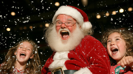 Joyful Santa Claus with two children celebrating Christmas, surrounded by falling snowflakes, capturing festive spirit and happiness of holiday season