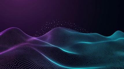 Abstract digital wave with glowing particles on a dark purple background.