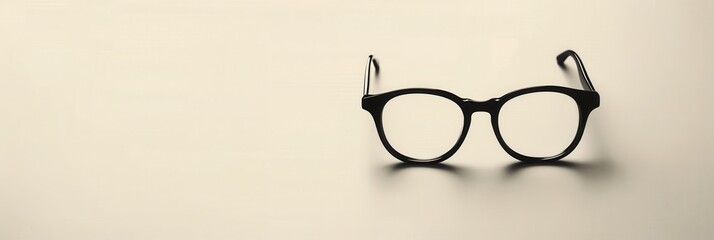 Poster - A stylish pair of black eyeglasses sits on a light surface, softly reflecting the ambient light in a cozy indoor environment. Generative AI
