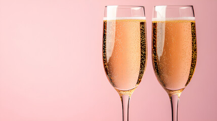 Two glasses of champagne on a light pink background, valentine's day, wedding card, birthday