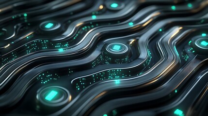 Poster - Abstract futuristic metallic surface with glowing green lights.