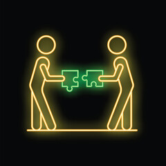 Poster - Neon sign representing two businessmen joining puzzle pieces, a great visual metaphor for teamwork and cooperation