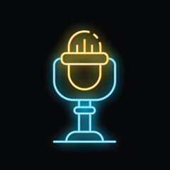 Poster - Neon sign representing a vintage microphone on a stand, perfect for illustrating concepts like podcasting, radio broadcasting, or audio recording