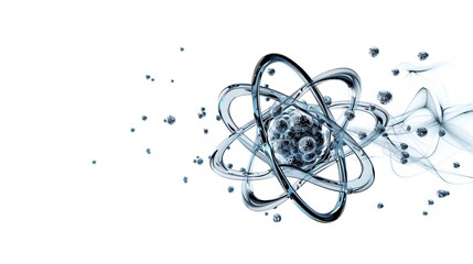 An atom with glowing particles, stylized design, sci-fi feel, isolated on white background