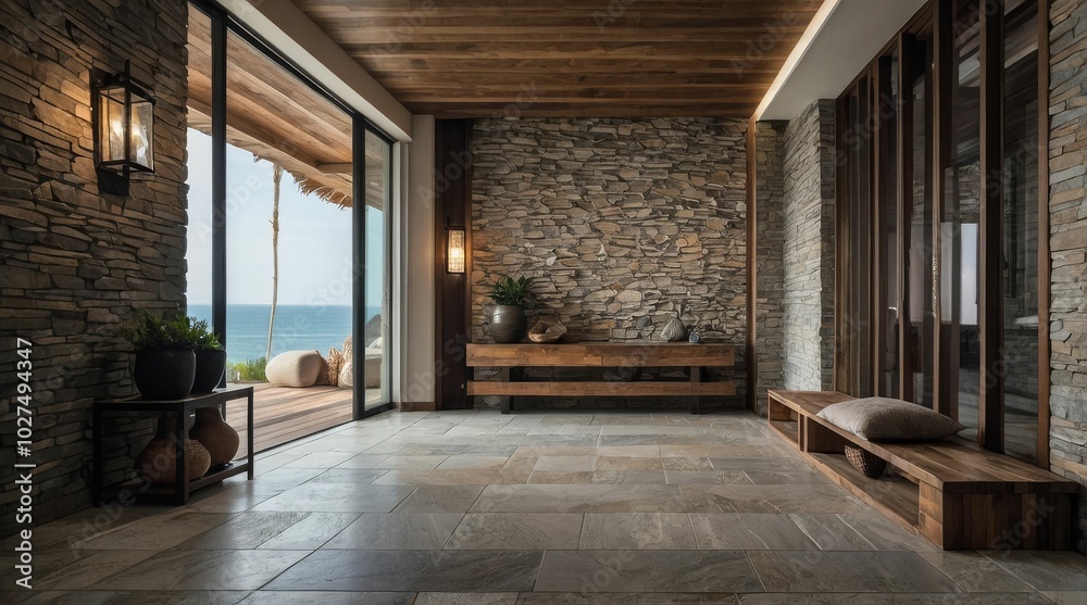 Coastal interior design of modern entrance hall with stone tiles wall ...