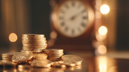 a stack of gold with a blurry background of old clock 