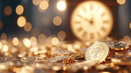 a stack of gold with a blurry background of old clock 