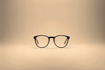 Poster - A pair of stylish black eyeglasses rests prominently on a beige surface, showcasing modern design in an elegant setting. Generative AI