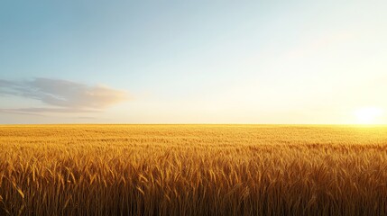 Golden Wheat Field Under Clear Blue Sky at Sunset