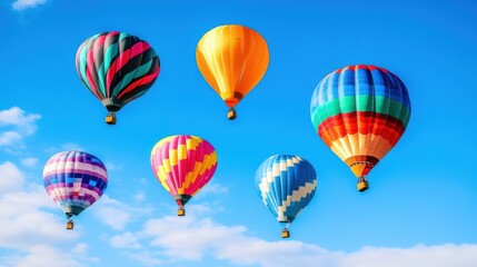 A vibrant display of hot air balloons floats gracefully against a bright blue sky, creating a cheerful atmosphere. Generative AI