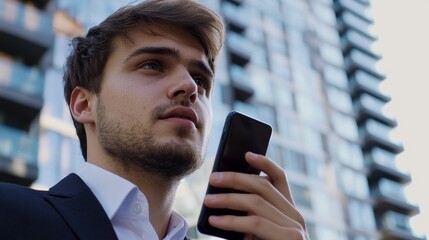 Close-up of a young male entrepreneur talking on a smartphone, intense look of focus on his face, professional attire and urban backdrop behind him