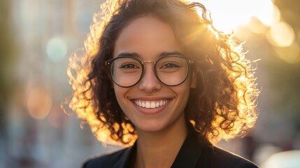 Close-up of a young female businessperson smiling confidently, sunlight reflecting off her glasses, showcasing her optimism and professional style