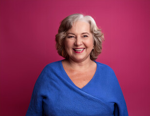 Headshot Portrait of a Smiling Woman with Contemporary Style, Isolated on Color Background with Ample Copy Space