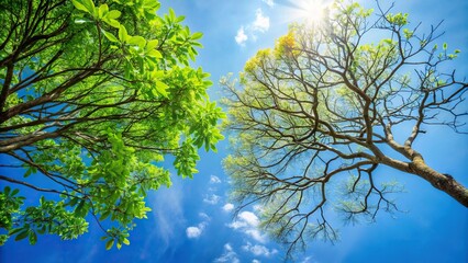 Contrast between dry branch and leafy branches with blue sky background