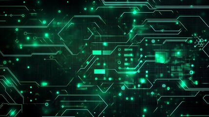Poster - Abstract green digital circuit board with glowing lines and dots.
