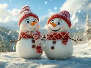 Two Cute Snowmen in Winter Scene – Christmas Holiday Fun and Joy