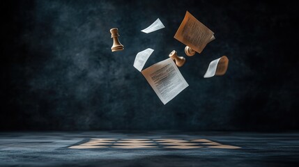 Pieces of Paper and Chess Pieces in Dramatic Light