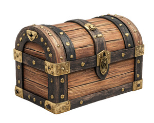 Wooden treasure chest with brass accents on a white isolate background.