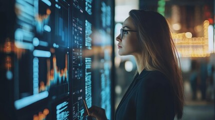 Poster - Business woman in financial services, featuring a professional with financial charts, stock market symbols, and digital financial tools, representing leadership in the finance and investment sectors.