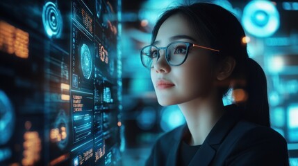 Poster - Business woman in tech industry, showcasing a confident professional surrounded by futuristic digital interfaces, coding screens, and tech symbols, representing leadership in the technology sector.