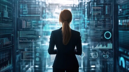 Poster - Business woman in tech industry, showcasing a confident professional surrounded by futuristic digital interfaces, coding screens, and tech symbols, representing leadership in the technology sector.