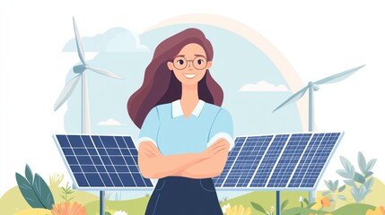 Wall Mural - businesswoman leading in renewable energy, showcasing a leader overseeing solar panels, wind turbine
