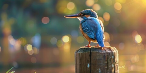 a blue and orange kingfisher perches on a wooden post with a blurred background of bokeh.