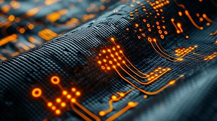 Poster - Abstract image of glowing orange circuits on a black background, resembling a technological wave or ripple.