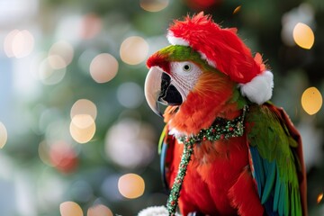 Wall Mural - colorful parrot in christmas hat with festive bokeh background