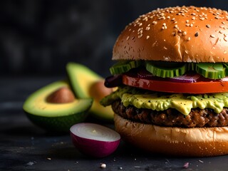 A hamburger with a hamburger and a green lettuce background