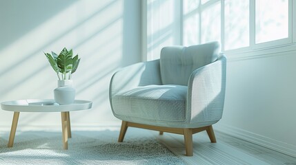 Wall Mural - a white armchair with wooden legs and a white coffee table with a green plant in a white vase sit in