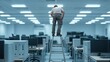 © Sippung - Office worker standing on a ladder without proper safety gear fixing lights creating unsafe acts in the workplace
