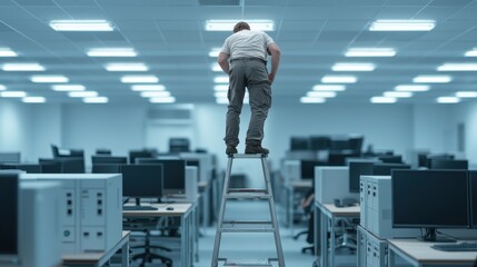 office worker standing on a ladder without proper safety gear fixing lights creating unsafe acts in 