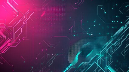 Poster - Abstract neon circuit board with pink and blue glowing lights.