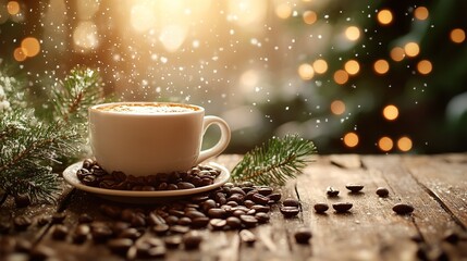 Hot white coffee cup with coffee beans on old wooden background, pine leaves, and blurred snowflakes.